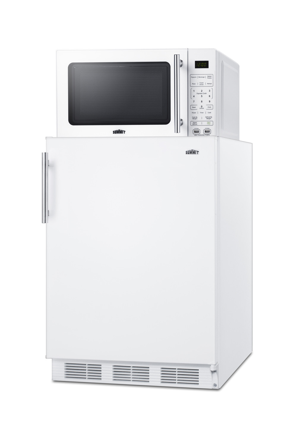 Counter height refrigerator-freezer compact microwave in white with allocator and USB ports for 1-plug operation; ships in three boxes on one pallet